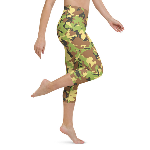 Green Camo Yoga Capri Leggings, Camouflage Capris Tights-Made in USA/EU-Heidi Kimura Art LLC-Heidi Kimura Art LLC Green Camo Yoga Capri Leggings, Camouflage Military Print Capri Leggings Yoga Pants - Made in USA/EU (US Size: XS-XL)