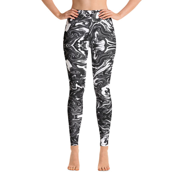 Black Marble Yoga Leggings, Marble Print Long Tights-Made in USA/EU-Heidi Kimura Art LLC-Heidi Kimura Art LLC