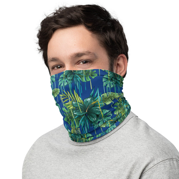 Blue Tropical Leaf Face Mask, Reusable Washable Bandanna Neck Gaiter-Heidi Kimura Art LLC-Heidi Kimura Art LLC