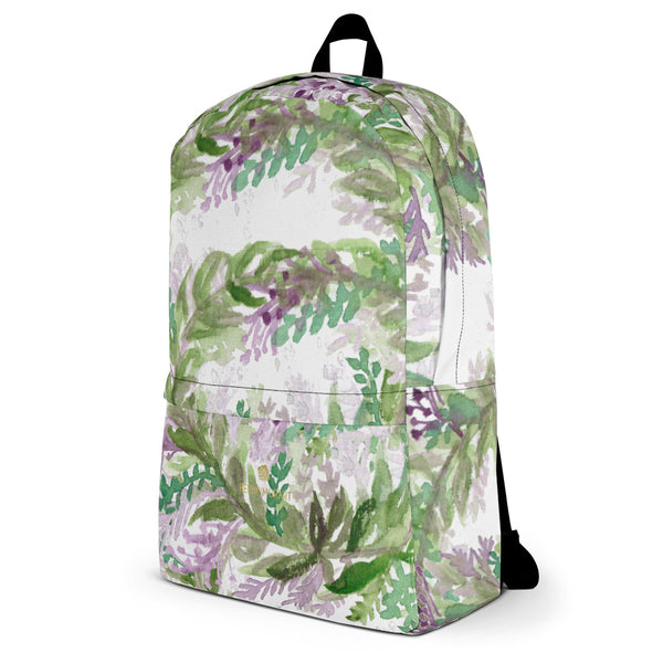 White French Lavender Floral Print Women's Premium Backpack-Made in USA/EU--Heidi Kimura Art LLC White French Lavender Backpack, Best Floral Print Designer Medium Size (Fits 15" Laptop) Water Resistant College Unisex Backpack for Travel/ School/ Work - Made in USA/ Europe  