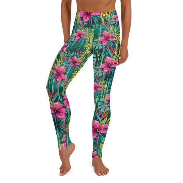 Green Floral Yoga Leggings, Tropical Leaf Print Women's Tights-Made in USA/EU-Heidi Kimura Art LLC-XS-Heidi Kimura Art LLC