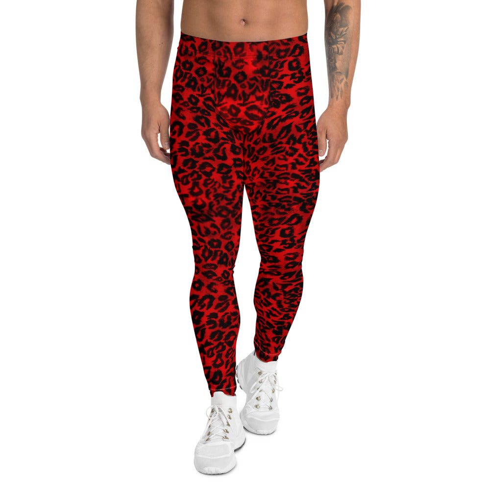 Red Leopard Print Men's Leggings, Animal Print Compression Tights For Men-Heidikimurart Limited -XS-Heidi Kimura Art LLC Red Leopard Print Men's Leggings, Bright Colorful Animal Print Modern Meggings, Men's Leggings Tights Pants - Made in USA/EU/MX (US Size: XS-3XL) Sexy Meggings Men's Workout Gym Tights Leggings