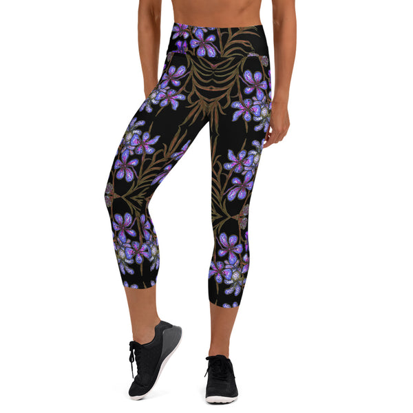 Violet Purple Yoga Capri Leggings, Orchids Floral Print Capris Tights-Made in USA/EU-Heidi Kimura Art LLC-Heidi Kimura Art LLC