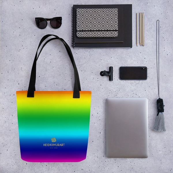 Rainbow Ombre Print Gay Pride Designer 15"x15" Square Shopping Tote Bag- Made in USA/EU-Tote Bag-Black-Heidi Kimura Art LLC