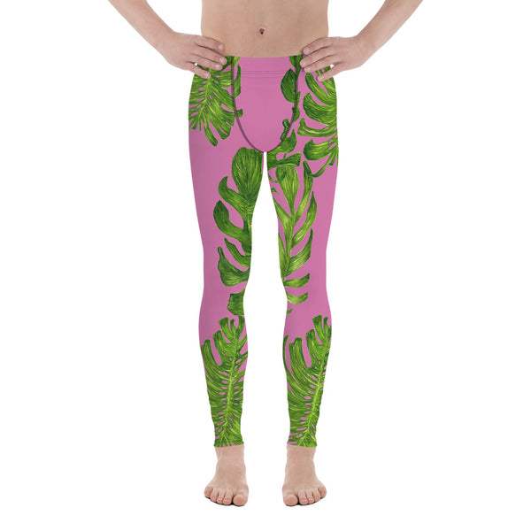 Light Pink Tropical Leaf Print Men's Premium Leggings-Made in USA/EU (US Size: XS-3XL)-Men's Leggings-XS-Heidi Kimura Art LLC
