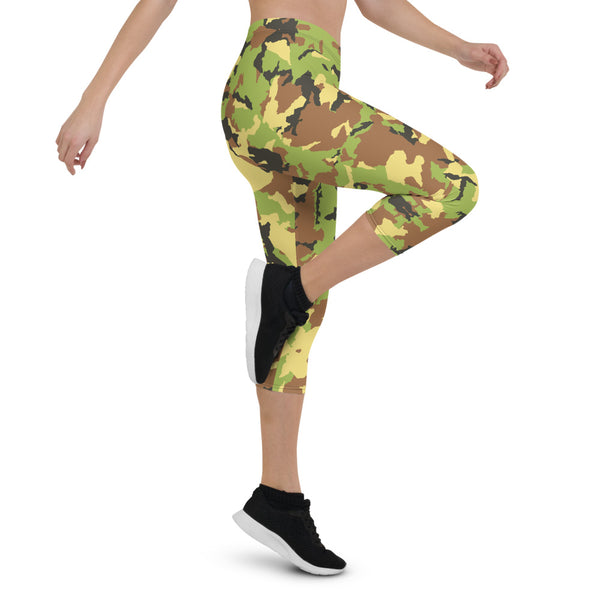Green Camo Capri Leggings, Casual Camouflage Tights-Made in USA/EU-Heidi Kimura Art LLC-Heidi Kimura Art LLC