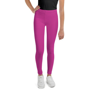 Cute Bright Pink Solid Color Premium Youth Gym Tights Pants Leggings- Made in USA/EU-Youth's Leggings-8-Heidi Kimura Art LLC