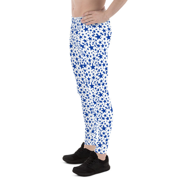 Blue White Star Print Meggings, Premium Quality Men's Leggings Tights- Made in USA/EU-Men's Leggings-Heidi Kimura Art LLC