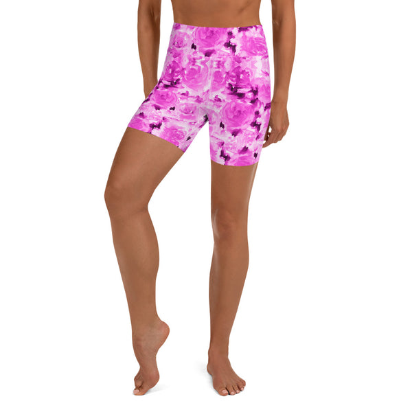 Pink Rose Floral Yoga Shorts, Abstract Flower Print Classic Premium Quality Women's High Waist Spandex Fitness Workout Yoga Shorts, Yoga Tights, Fashion Gym Quick Drying Short Pants With Pockets - Made in USA (US Size: XS-XL)