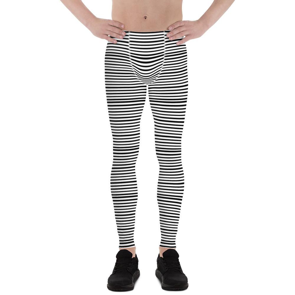 White Black Stripe Horizontal Print Premium Men's Leggings Meggings - Made in USA/EU-Men's Leggings-XS-Heidi Kimura Art LLC