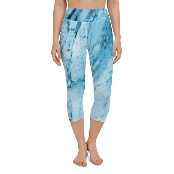 Blue Marble Yoga Capri Leggings, Abstract Print Capris Tights-Made in USA/EU-Heidi Kimura Art LLC-Heidi Kimura Art LLC