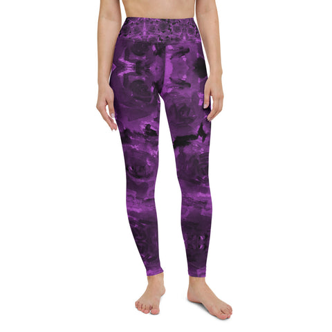 Purple Abstract Yoga Leggings, Floral Long Tights-Made in USA/EU-Heidi Kimura Art LLC-XS-Heidi Kimura Art LLC