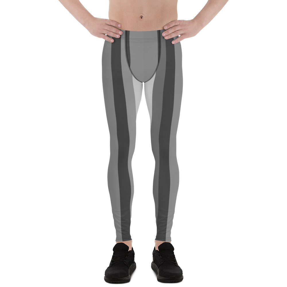 Gray Stripes Men's Running Leggings & Run Tights Meggings Activewear- Made in USA/EU-Men's Leggings-XS-Heidi Kimura Art LLC