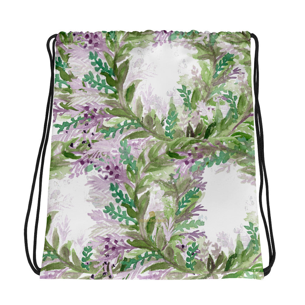 White Lavender Floral Print Premium Drawstring Bag-Made in USA/EU--Heidi Kimura Art LLCWhite Lavender Drawstring Bag, Black Pink Star Pattern White Print Women's 15”x17” Designer Premium Quality Best Drawstring Bag-Made in USA/Europe