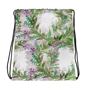 White Lavender Floral Print Premium Drawstring Bag-Made in USA/EU--Heidi Kimura Art LLCWhite Lavender Drawstring Bag, Black Pink Star Pattern White Print Women's 15”x17” Designer Premium Quality Best Drawstring Bag-Made in USA/Europe