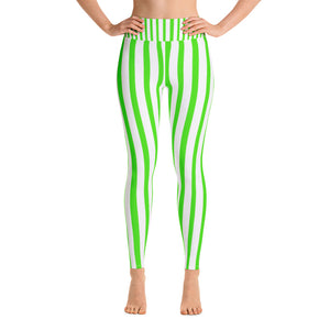 Women's Green & White Stripe Print Stretchy Comfy Long Yoga Pants - Made in USA-Leggings-XS-Heidi Kimura Art LLC Green Striped Women's Yoga Pants, Women's Neon Green & White Stripe Active Wear Fitted Leggings Sports Long Yoga & Barre Pants, Festive Leggings - Made in USA (US Size: XS-XL)