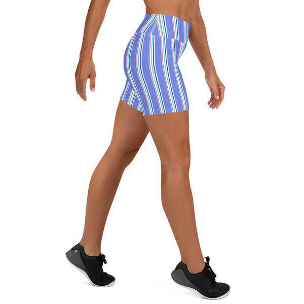 Blue Striped Yoga Shorts, Vertical Stripes Women's Tights-Made in USA/EU-Heidi Kimura Art LLC-Heidi Kimura Art LLC Blue Striped Yoga Shorts, Vertical Stripes Modern Classic Premium Quality Women's High Waist Spandex Fitness Workout Yoga Shorts, Yoga Tights, Fashion Gym Quick Drying Short Pants With Pockets - Made in USA (US Size: XS-XL)