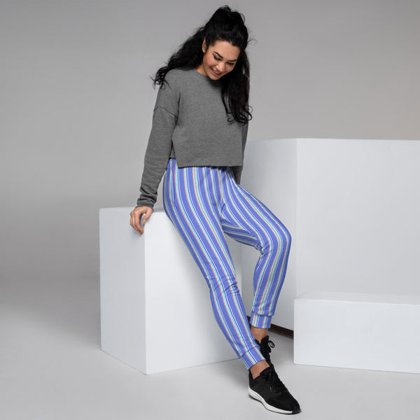 Pastel Blue Striped Women's Joggers, Vertical Stripes Circus Slit Fit Soft Women's Joggers Sweatpants -Made in EU (US Size: XS-3XL) Plus Size Available, Women's Joggers, Soft Joggers Pants Womens, Women's Long Joggers, Women's Soft Joggers, Lightweight Jogger Pants Women's, Women's Athletic Joggers, Women's Jogger Pants