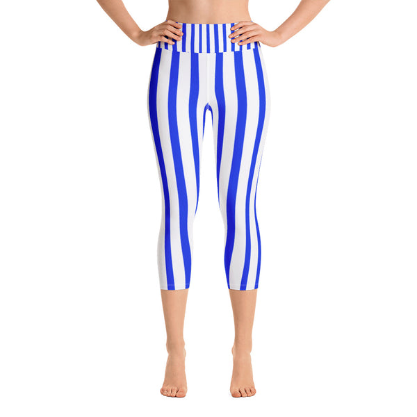 Blue Vertical Striped Women's Yoga Capri Pants Leggings With Pockets - Made In USA/EU-Capri Yoga Pants-XS-Heidi Kimura Art LLC