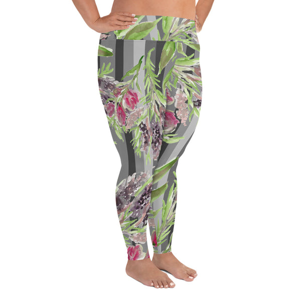 Floral Print Plus Size Leggings, Gray Vertical Striped Women's Long Yoga Pants-Made in USA/EU-Women's Plus Size Leggings-Heidi Kimura Art LLC
