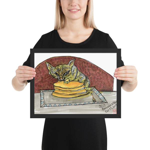 Super Hungry Gray Pancake Cat Framed Poster - Made in USA-Art Print-12×16-Heidi Kimura Art LLC