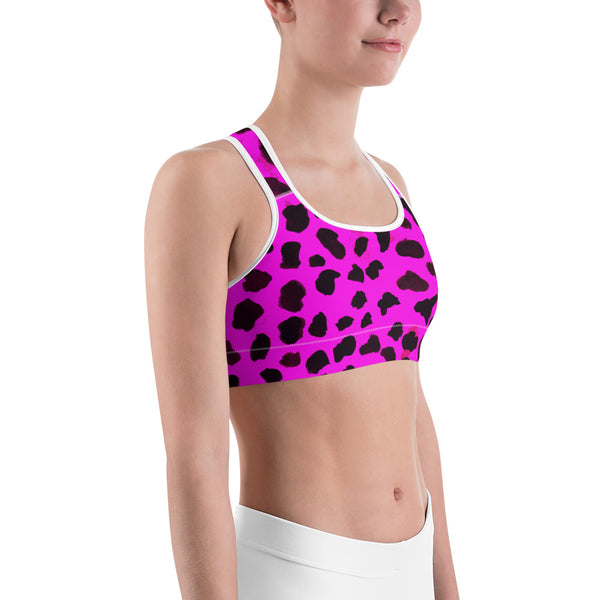 Hot Pink Cow Animal Print Women's Yoga Sports Bra - Made in USA/EU (US Size: XS-2XL)-Sports Bras-Heidi Kimura Art LLC