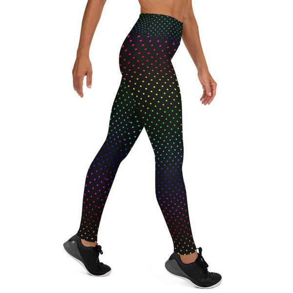 Black Rainbow Polka Dots Print Women's Yoga Leggings Long Pants- Made in USA/EU-Leggings-Heidi Kimura Art LLC