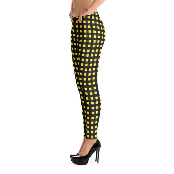 Yellow Buffalo Plaid Print Women's Leggings, Classic Long Dressy Tights- Made in USA/EU-Casual Leggings-Heidi Kimura Art LLC
