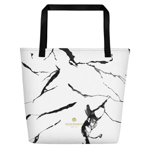 White Marble Print Best 16"x20" Large Beach Tote Bag With Inside Pocket-Made in USA/EU-Beach Tote Bag-Black-Heidi Kimura Art LLC