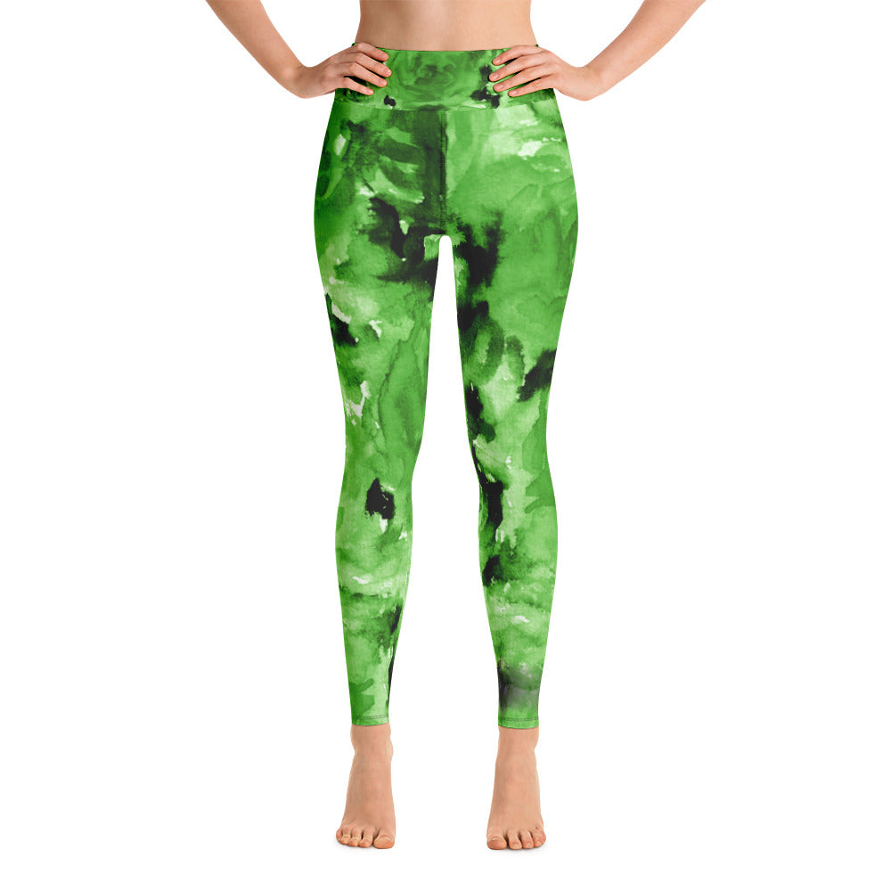 Lime Green Abstract Rose Floral Print Women's Yoga Leggings- Made in USA-Leggings-XS-Heidi Kimura Art LLC Green Floral Rose Women's Leggings, Lime Green Abstract Rose Floral Ocean Print Women's Yoga Leggings/ Long Yoga Pants - Made in USA/EU (US Size: XS-XL)