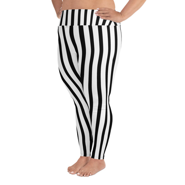 White and Black Vertical Stripe Print Women's Plus Size Leggings- Made in USA-Women's Plus Size Leggings-Heidi Kimura Art LLC