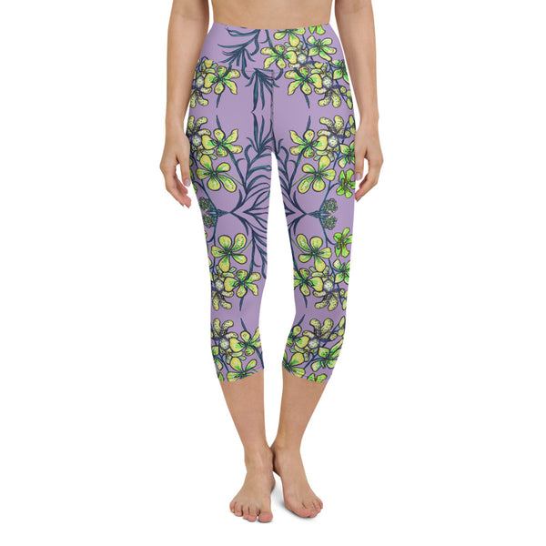 Purple Orchid Yoga Capri Leggings, Yellow Capris Tighst-Made in USA/EU-Heidi Kimura Art LLC-Heidi Kimura Art LLC