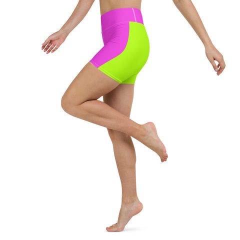 Neon Green Pink Yoga Shorts, Women's Solid Color Short Tights-Made in USA/EU-Heidi Kimura Art LLC-Heidi Kimura Art LLC Hot Pink Yoga Shorts, Solid Color Modern Minimalist Premium Quality Women's High Waist Spandex Fitness Workout Yoga Shorts, Yoga Tights, Fashion Gym Quick Drying Short Pants With Pockets - Made in USA/EU (US Size: XS-XL)