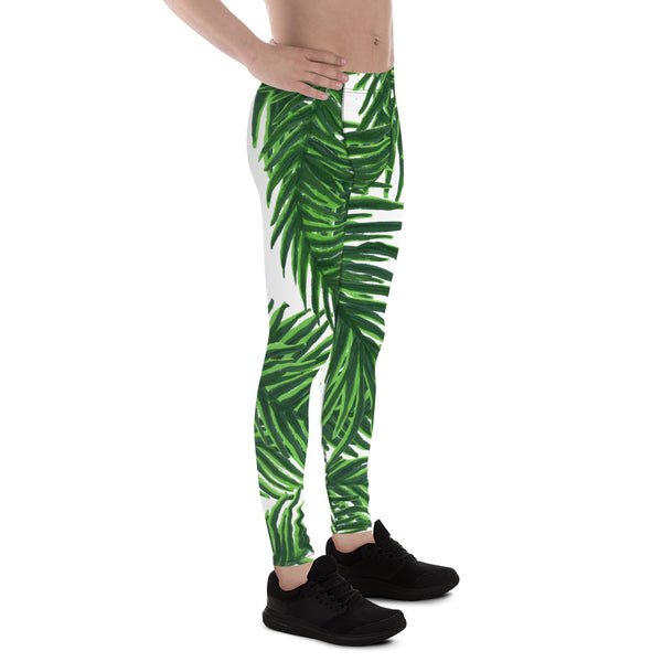 Green White Tropical Palm Leaf Print Designer Men's Leggings Tights - Made in USA/EU-Men's Leggings-Heidi Kimura Art LLC