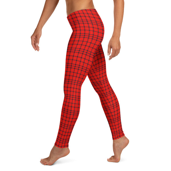 Red Plaid Print Leggings, Scottish Tartan Women's Tights-Made in USA/EU-Heidi Kimura Art LLC-Heidi Kimura Art LLC