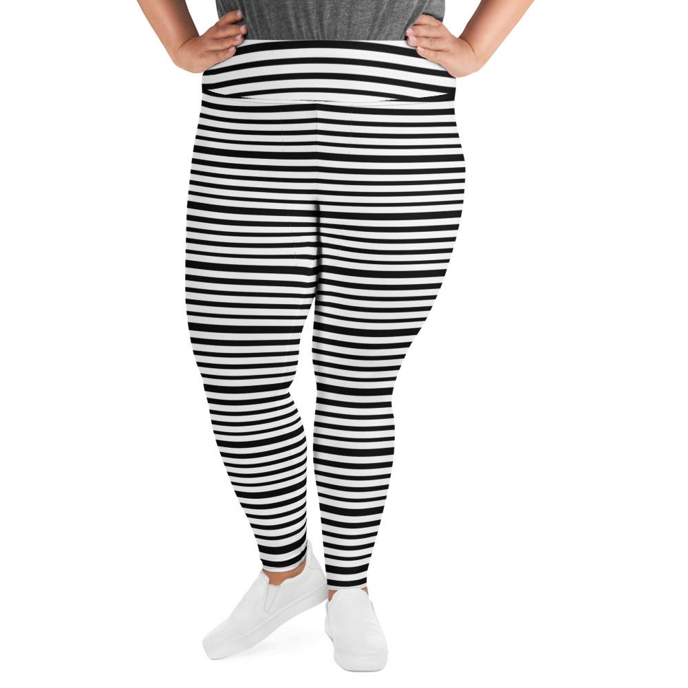 Horizontal White Black Stripe Print Women's Plus Size Leggings Tights- Made in USA/ EU-Women's Plus Size Leggings-2XL-Heidi Kimura Art LLC