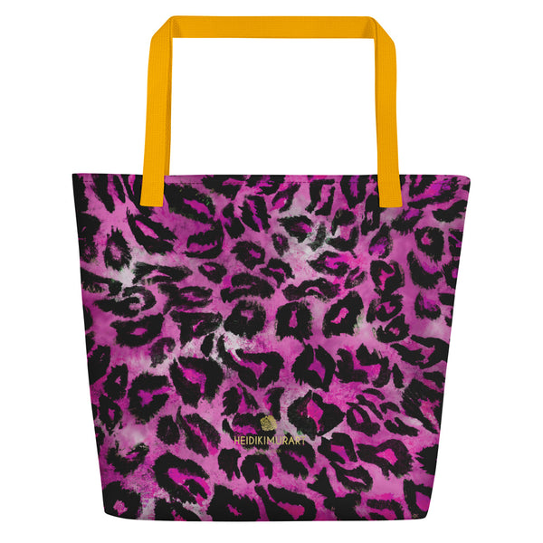 Pink Leopard Animal Print 16"x20" Beach Bag With Large Inside Pocket- Made in USA/EU-Beach Tote Bag-Yellow-Heidi Kimura Art LLC