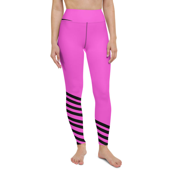 Pink Black Striped Yoga Leggings, Women's Yoga Pants-Made in USA/EU-Heidi Kimura Art LLC-Heidi Kimura Art LLC
