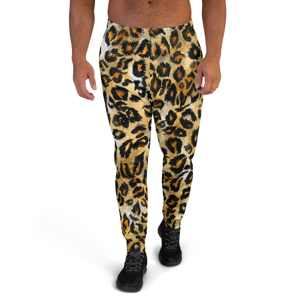 Brown Leopard Animal Print Men's Rave Party Joggers Casual Sweatpants- Made in EU-Men's Joggers-XS-Heidi Kimura Art LLC Brown Leopard Men's Joggers, Brown Leopard Animal Print Men's Designer Ultra Soft & Comfortable Casual Sweatpants, Men's Rave Party Fun Joggers, Men's Jogger Pants-Made in EU (US Size: XS-3XL)