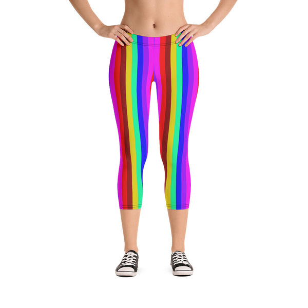 Gay Pride Capri Leggings, Rainbow Stripe Colorful Women's Tights-Made in USA/EU-Heidi Kimura Art LLC-Heidi Kimura Art LLC