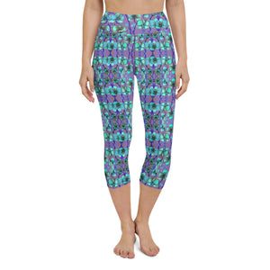 Purple Blue Capris Tights, Orchids Floral Print Pattern Women's Yoga Capri Leggings-Heidi Kimura Art LLC-XS-Heidi Kimura Art LLC