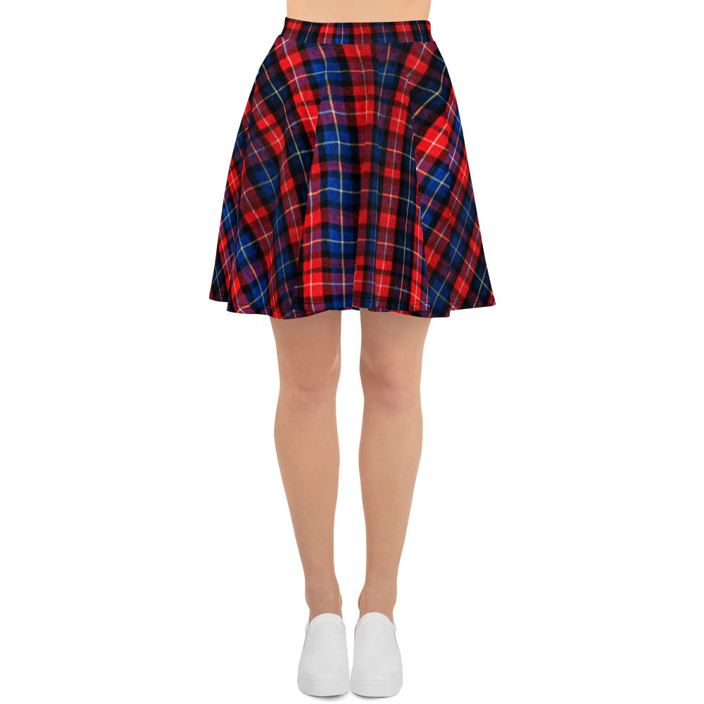 Christmas Red Plaid Skater Skirt, Tartan Scottish Print High