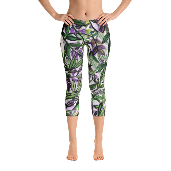 Green Tropical Leaves Capri Leggings Casual Activewear For Women - Made in USA-capri leggings-Heidi Kimura Art LLC