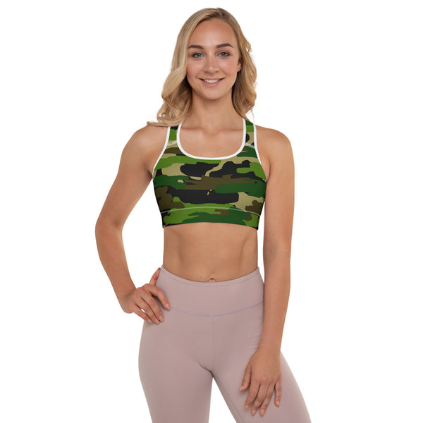 Green Brown Camo Military Army Print Women's Padded Sports Bra- Made in USA/EU-Sports Bras-White-XS-Heidi Kimura Art LLC