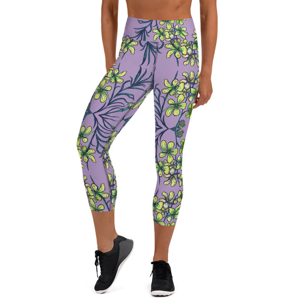 Purple Orchid Yoga Capri Leggings, Yellow Capris Tighst-Made in USA/EU-Heidi Kimura Art LLC-Heidi Kimura Art LLC