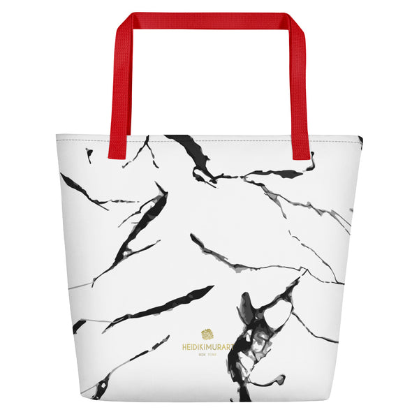 White Marble Print Best 16"x20" Large Beach Tote Bag With Inside Pocket-Made in USA/EU-Beach Tote Bag-Red-Heidi Kimura Art LLC