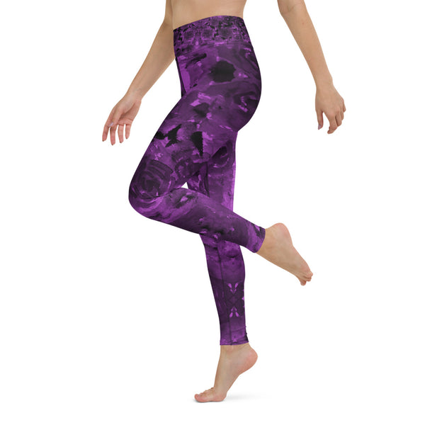 Purple Abstract Yoga Leggings, Floral Long Tights-Made in USA/EU-Heidi Kimura Art LLC-Heidi Kimura Art LLC