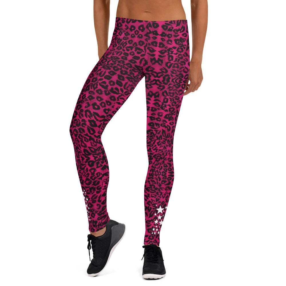 Pink Leopard Women's Leggings, White Stars Casual Tights-Made in USA/EU-Heidi Kimura Art LLC-XS-Heidi Kimura Art LLC