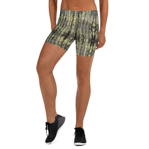 Green Snakeskin Printed Women's Shorts, Sexy Snake Print Short Tights For Reptile Lovers-Heidikimurart Limited -Heidi Kimura Art LLC Green Snakeskin Printed Women's Shorts, Sexy Snake Print Designer Women's Elastic Stretchy Shorts Short Tights -Made in USA/EU/MX (US Size: XS-3XL) Plus Size Available, Gym Tight Pants, Pants and Tights, Womens Shorts, Short Yoga Pants