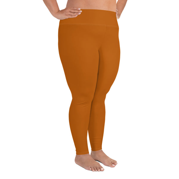 Orange Brown Solid Color Print Women's Plus Size Leggings Yoga Pants- Made in USA/EU-Women's Plus Size Leggings-Heidi Kimura Art LLC
